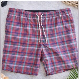 Lands’ End Men’s Plaid Swim‎ Trunks Board Shorts  L 36-38 Pink Blue Drawstring